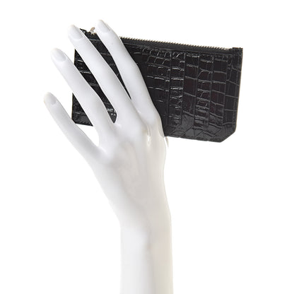 Saint Laurent Calfskin Crocodile Embossed 5 Fragments Zip Pouch Card Holder Black 2 of 8