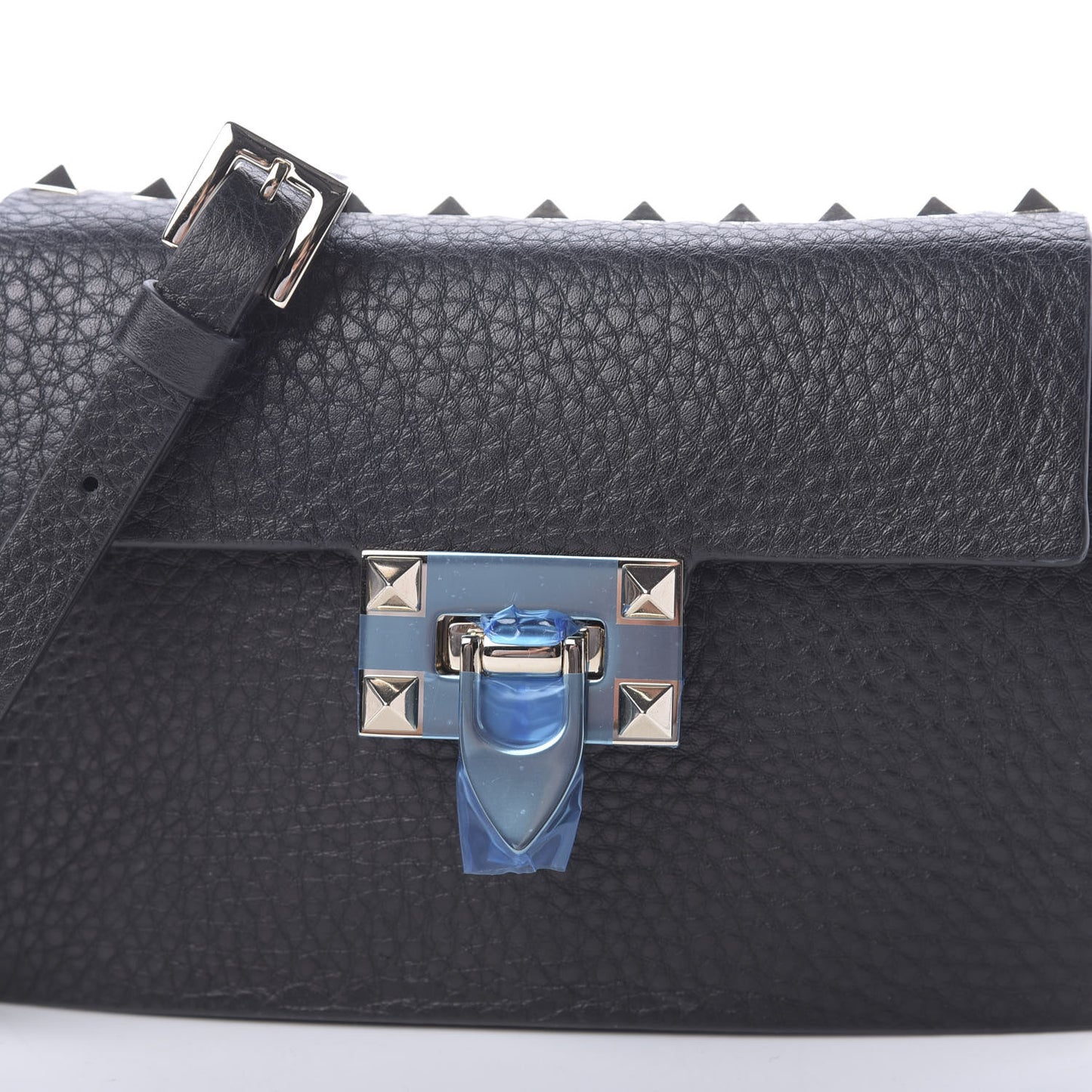 Pebbled Calfskin Small Rockstud Overlay Flap Shoulder Bag Black