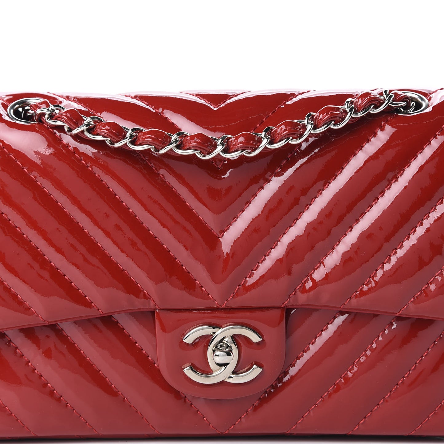 Patent Chevron Quilted Medium Single Flap Red