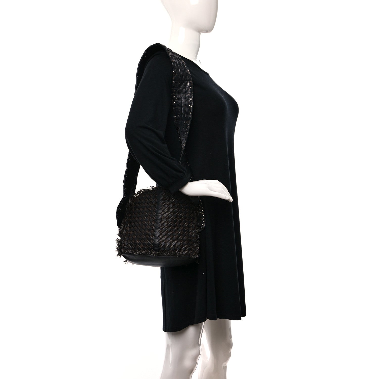 Bottega Veneta Nappa Intrecciato Alligator Fringe Shoulder Bag Black 2 of 8