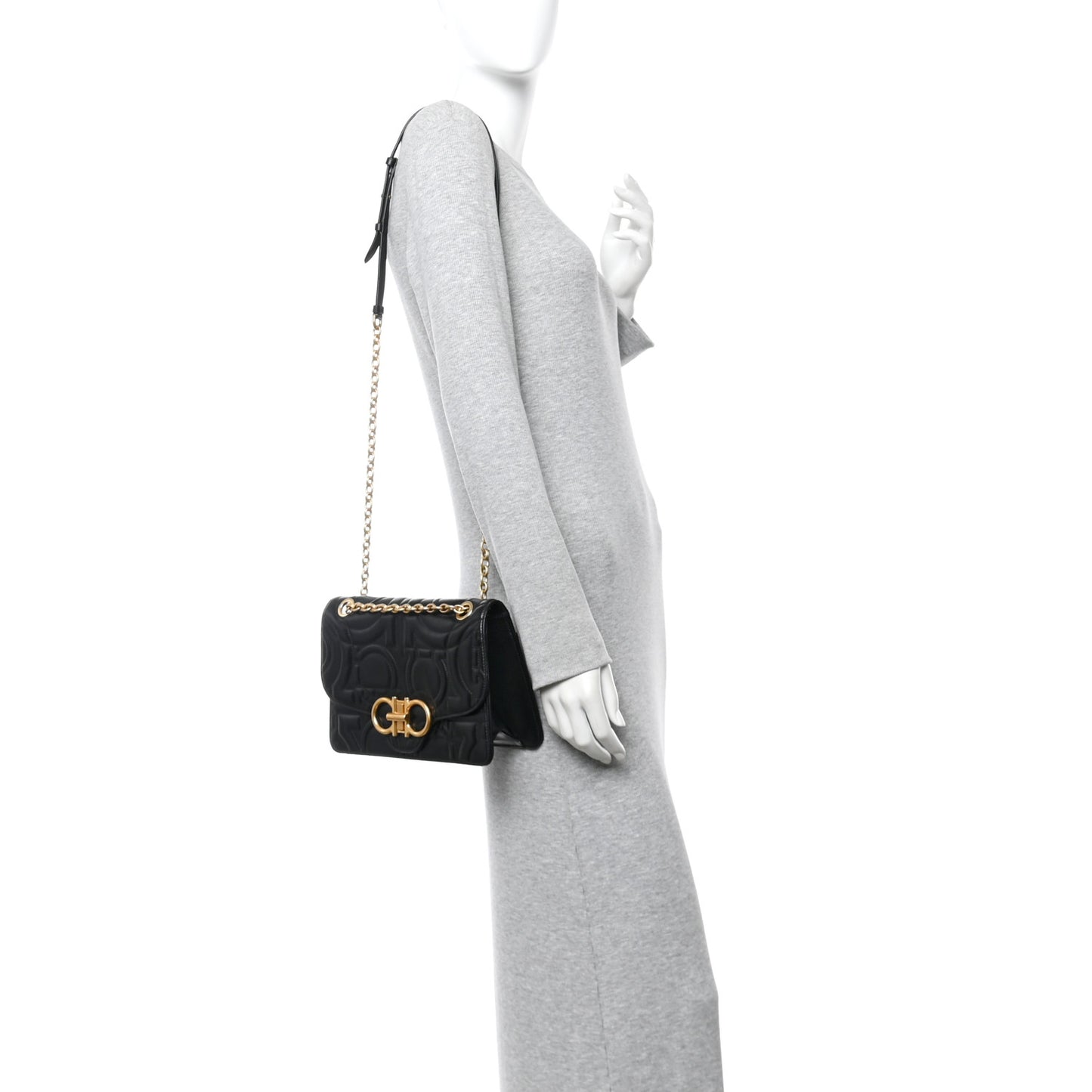 Calfskin Quilted Gancini Flap Bag Black