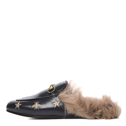 Gucci Goatskin Fur Bee Star Embroidered Womens Princetown Slippers 37 Black 1 of 8
