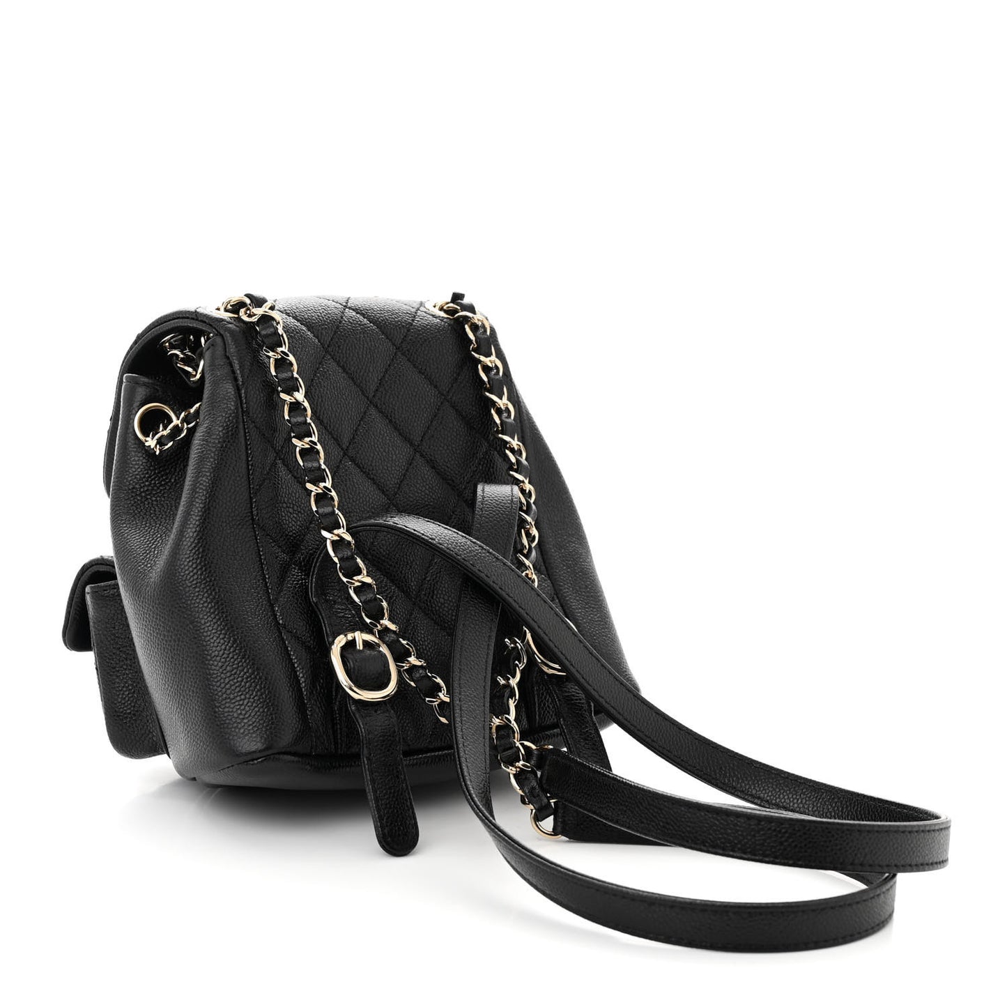 Shiny Caviar Quilted Small Duma Pockets Drawstring Backpack Black