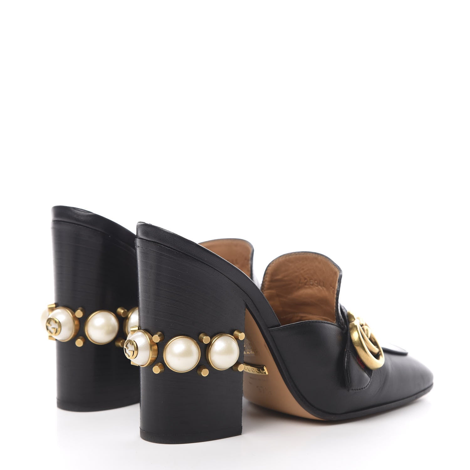Gucci Malaga Kid Web Pearl Embellished Peyton High Heel Mules 37.5 Black 4 of 12