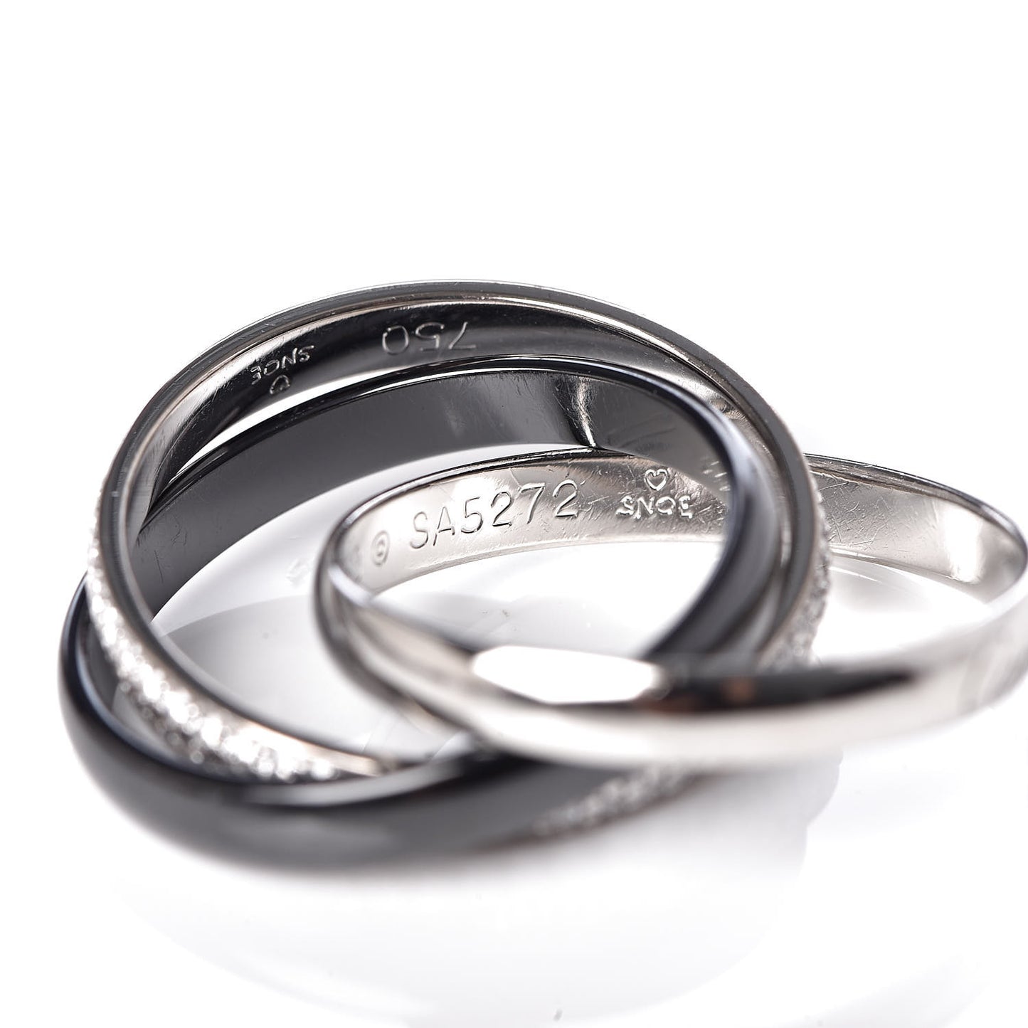 18K White Gold Platinum Diamond Ceramic Small Trinity Ring 53 6.25