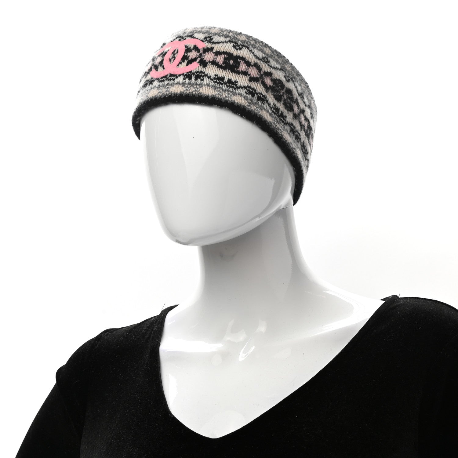 Chanel Cashmere CC Headband Black Dark Grey Ecru Pink 2 of 5
