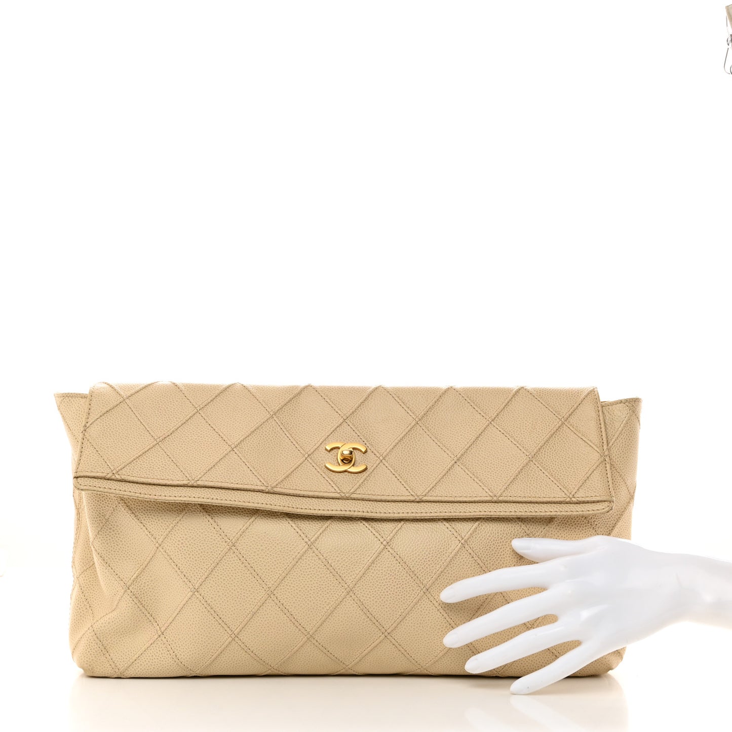 Caviar Diamond Stitch Oversized Flap Clutch Beige