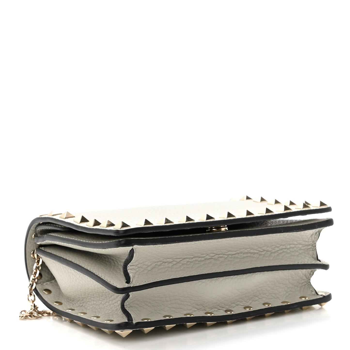 Pebbled Calfskin Rockstud Wallet on Chain Opal Grey