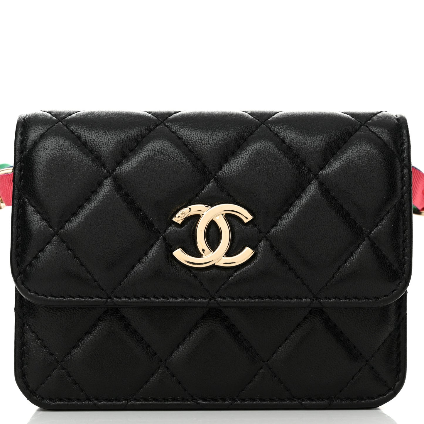 Shiny Lambskin Ribbon Quilted Flap Belt Bag Black