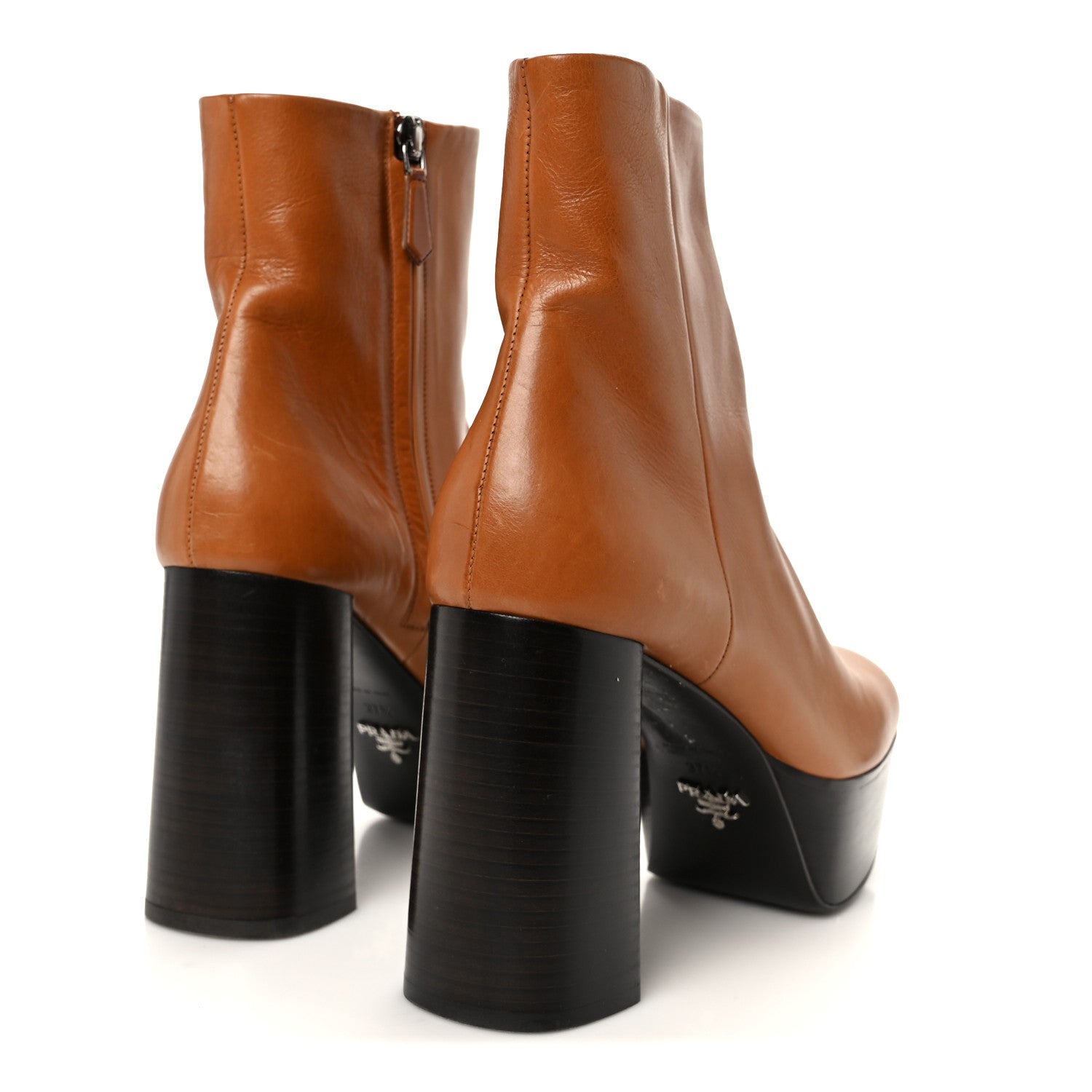 Prada Vitello Platform Ankle Booties 37.5 Cognac 5 of 9