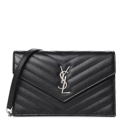 Saint Laurent Grain De Poudre Matelasse Chevron Monogram Envelope Chain Wallet Black 1 of 9