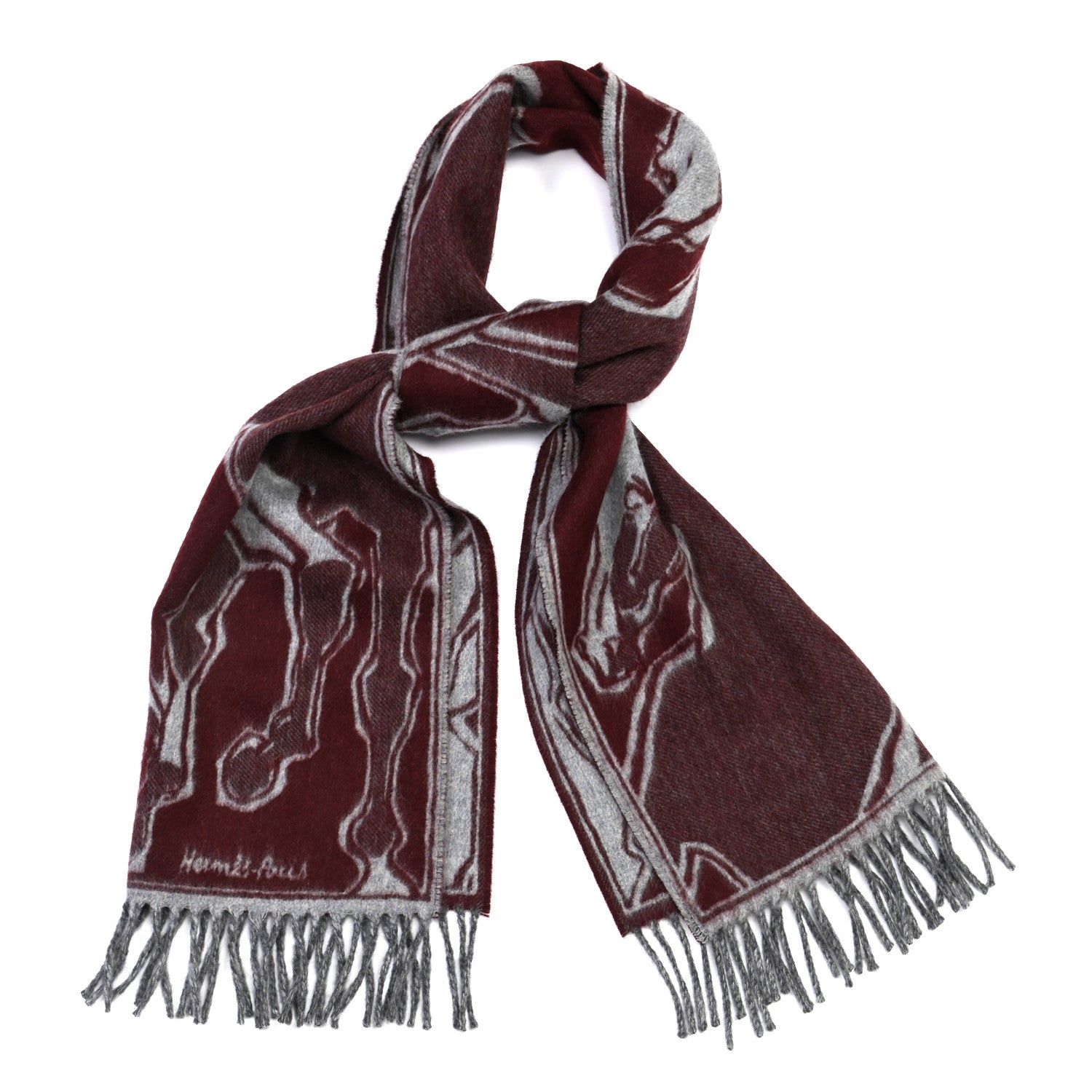 Hermes Cashmere La Danse des Chevaux Muffler Bordeaux Gris Moyen Gris Clair 1 of 5