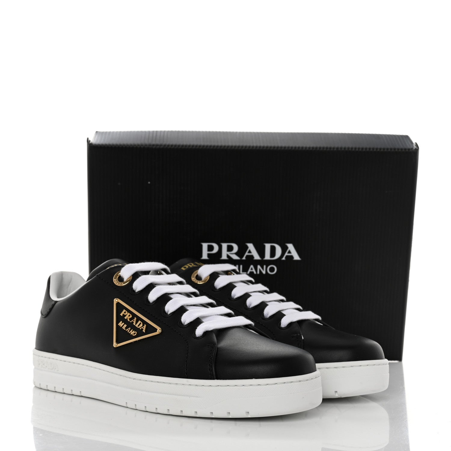 Prada Vitello Soft Metal Triangle Logo Womens Edge Low Top 30mm Sneakers 38 Black White 9 of 9