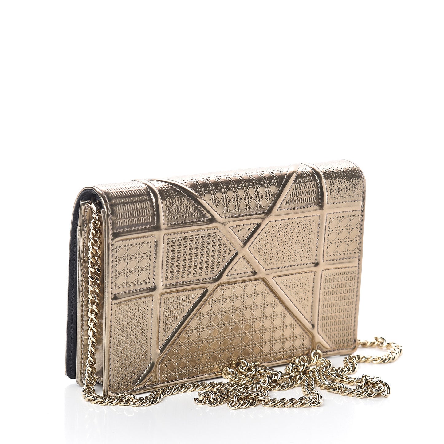 Metallic Patent Micro-Cannage Diorama Wallet on Chain Pouch Gold