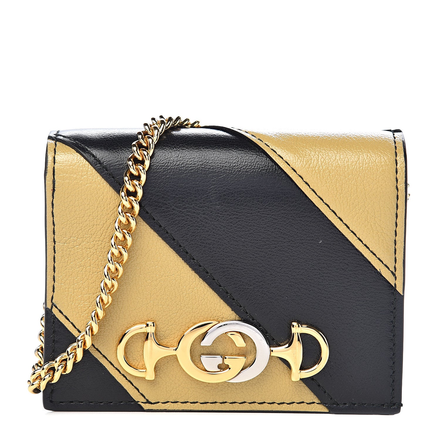 Gucci Calfskin Diagonal Striped Zumi Chain Card Case Wallet Black Beige 1 of 7