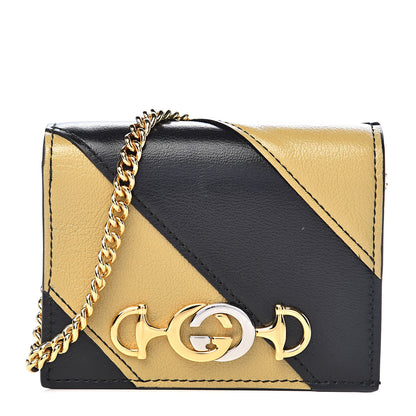 Gucci Calfskin Diagonal Striped Zumi Chain Card Case Wallet Black Beige 1 of 7