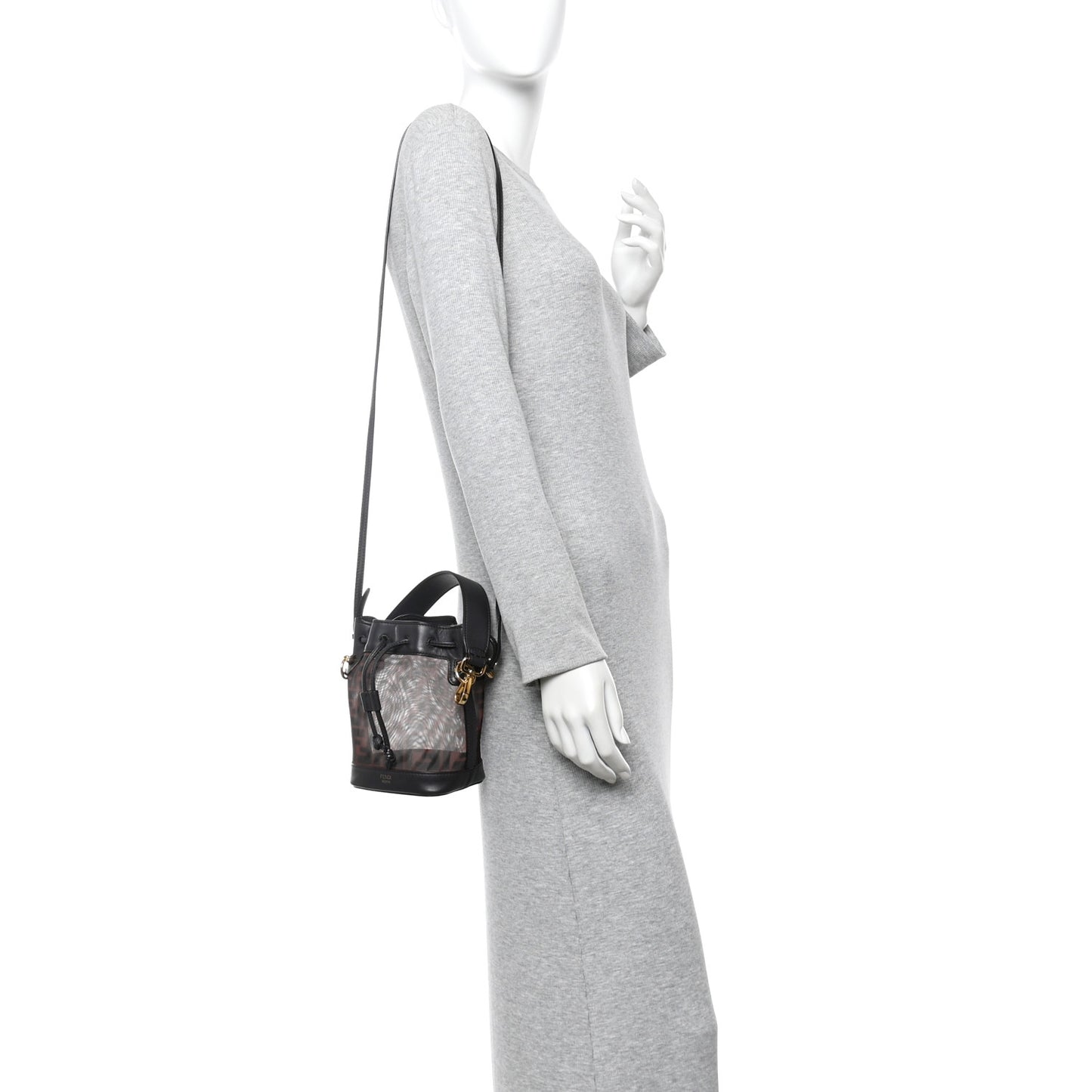 Mesh Vitello Grace F is Fendi FF 1974 Mini Mon Tresor Bucket Bag Marrone Black Ebano