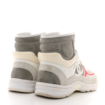 Chanel Suede Calfskin Lambskin Neoprene High Top CC Sneakers 37 White Fluo Pink Grey 4 of 8