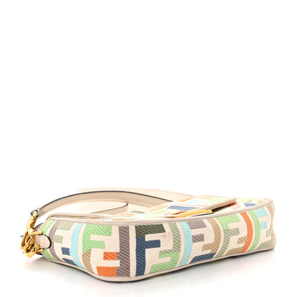 Fendi Canvas Vitello Seta FF Multicolor Embroidered Baguette Grezzo Multicolor Latte 4 of 11