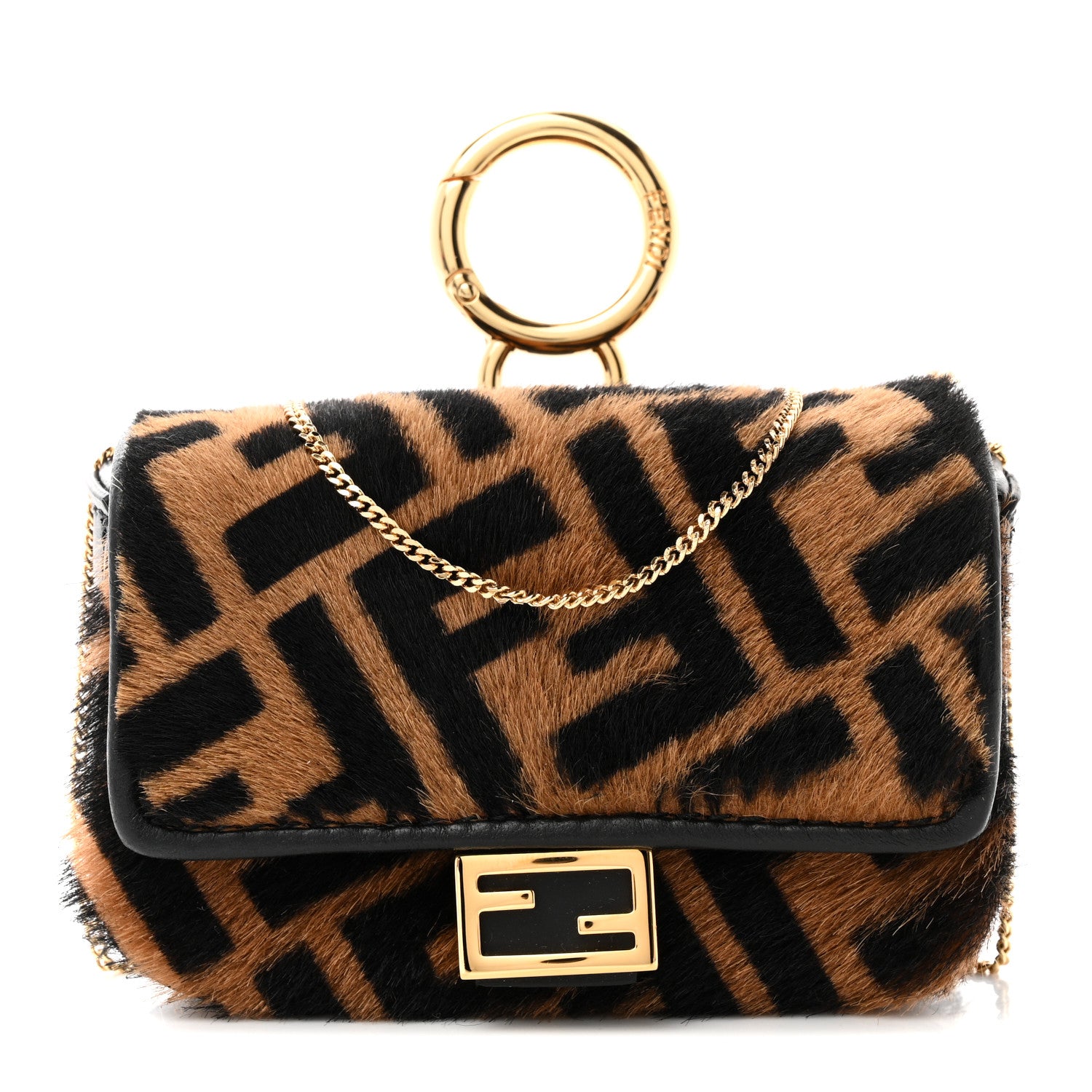 Fendi Sheared Sheepskin Vitello King FF Nano Baguette Charm Tobacco Moro Black 1 of 11