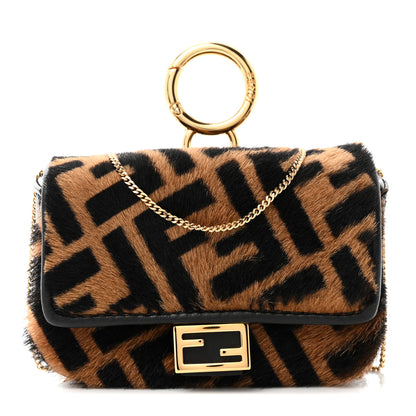 Fendi Sheared Sheepskin Vitello King FF Nano Baguette Charm Tobacco Moro Black 1 of 11