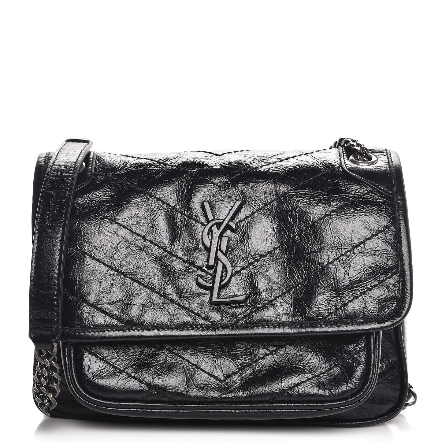 Crinkled Calfskin Matelasse Monogram Baby Niki Chain Satchel Black