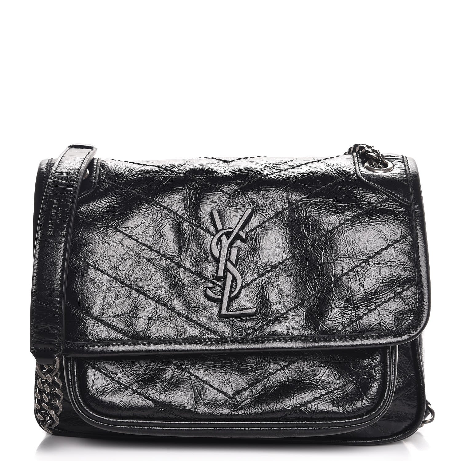 Saint Laurent Crinkled Calfskin Matelasse Monogram Baby Niki Chain Satchel Black 1 of 8