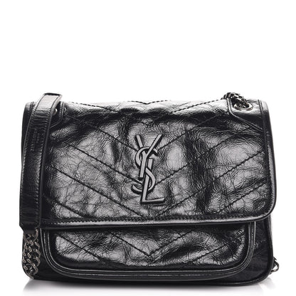 Saint Laurent Crinkled Calfskin Matelasse Monogram Baby Niki Chain Satchel Black 1 of 8