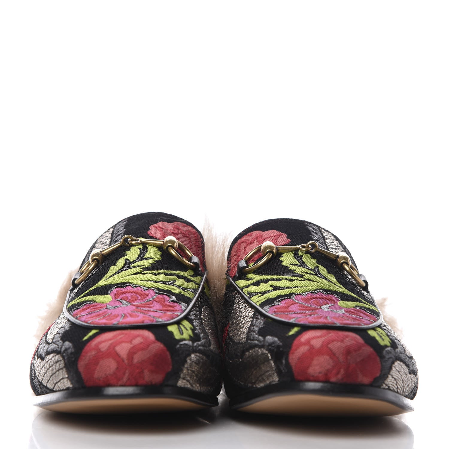 Gucci Brocade Fur Floral Womens Princetown Slippers 37 Black Anthracite 2 of 9