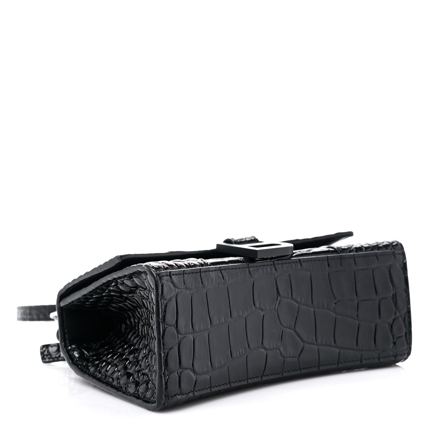 Shiny Calfskin Monochrome Crocodile Embossed Hourglass Top Handle Bag XS Black