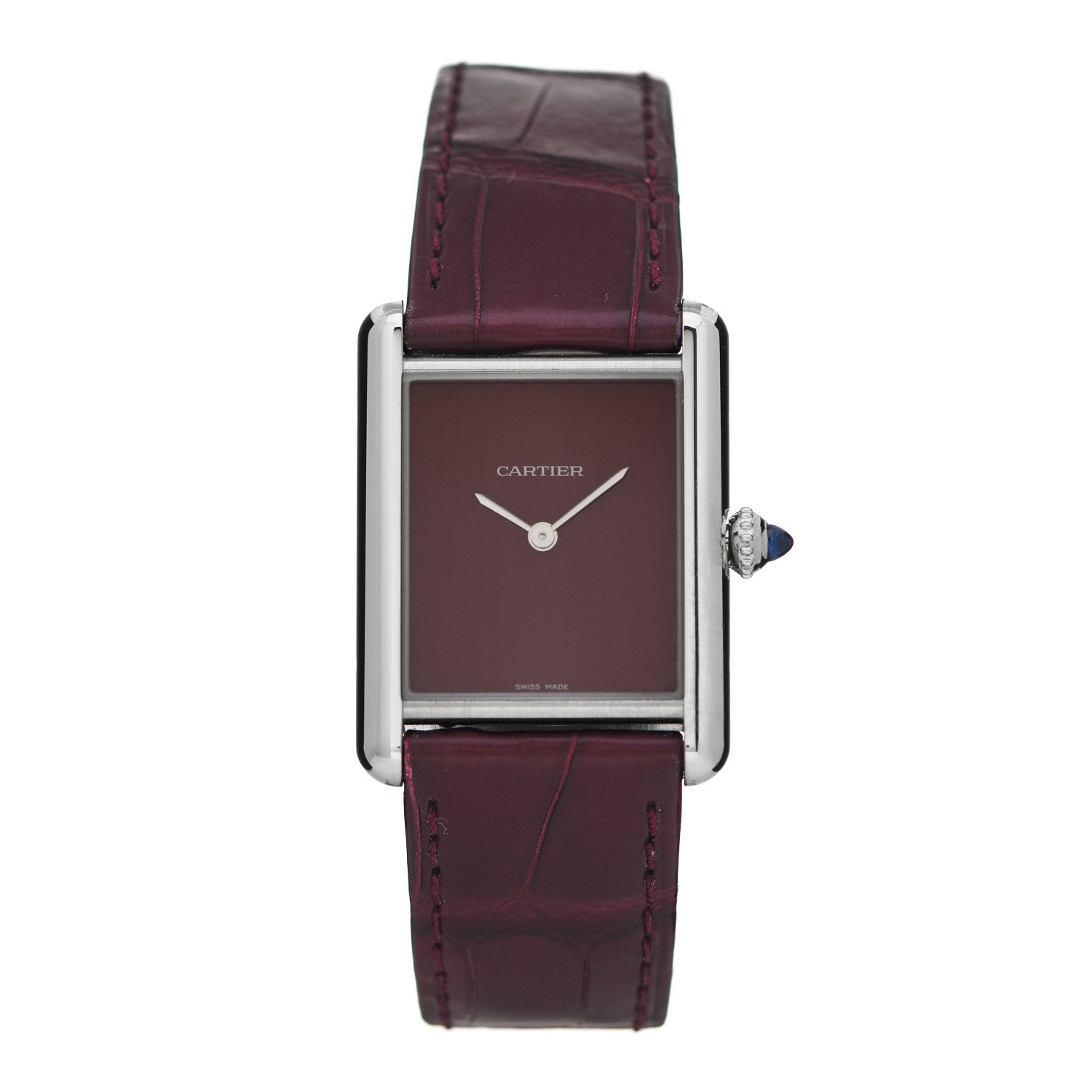 Cartier Stainless Steel Alligator 25mm Tank Must De Cartier Watch Burgundy 1 of 5