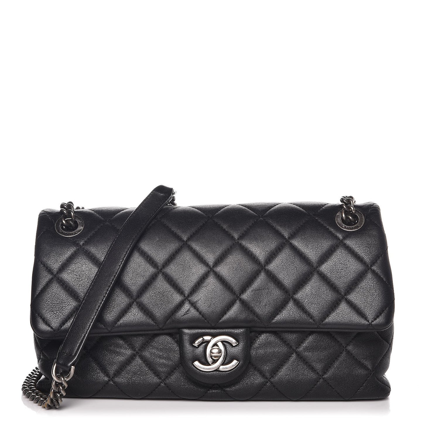 Shiny Lambskin Quilted Medium Burgundy Rocks Flap Black