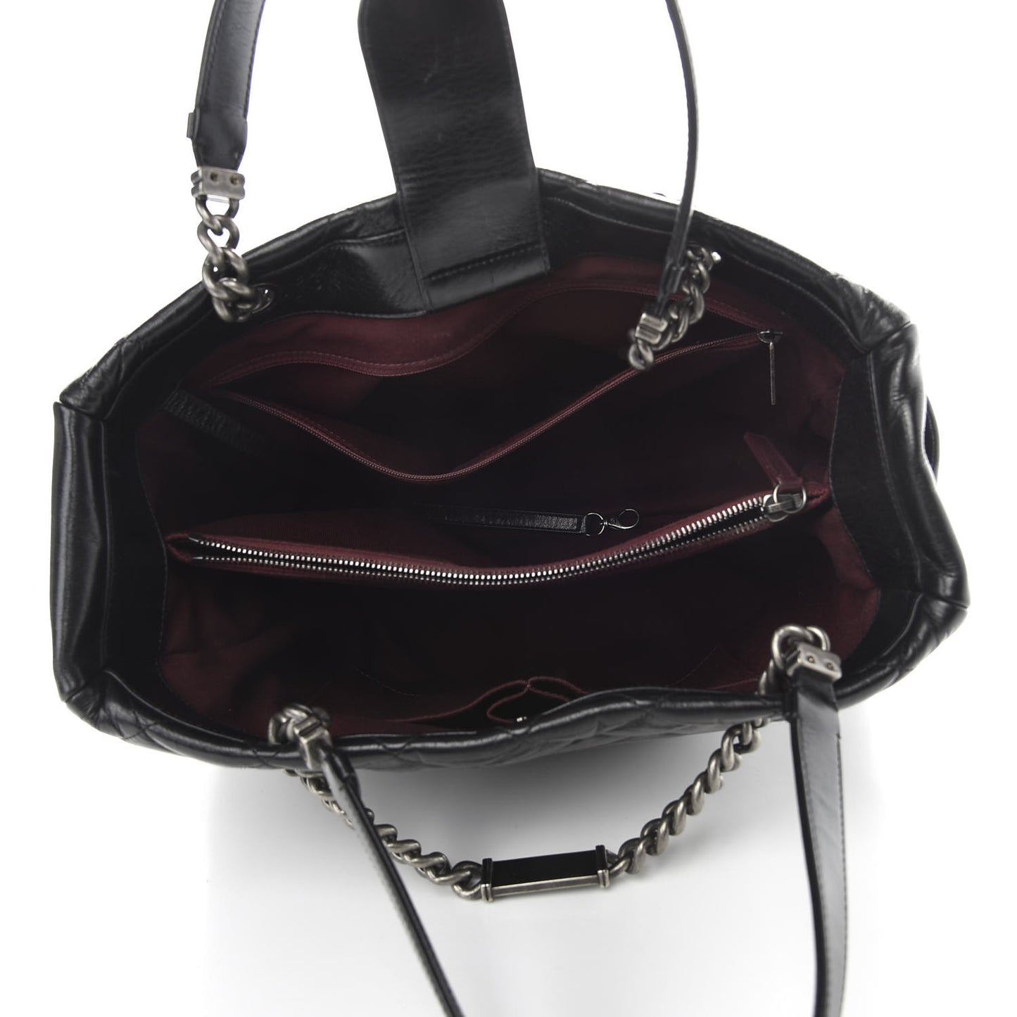 Glazed Calfskin Quilted Large Nameplate Shopping Tote Black