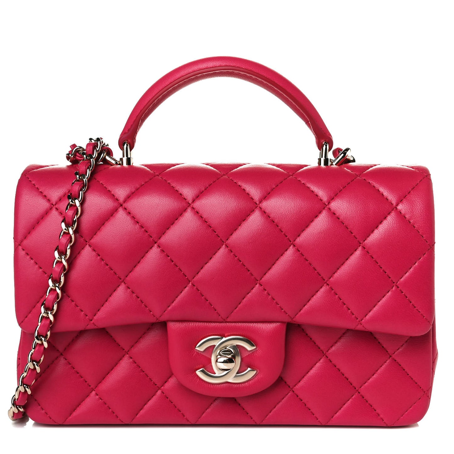 Lambskin Quilted Mini Top Handle Rectangular Flap Dark Pink