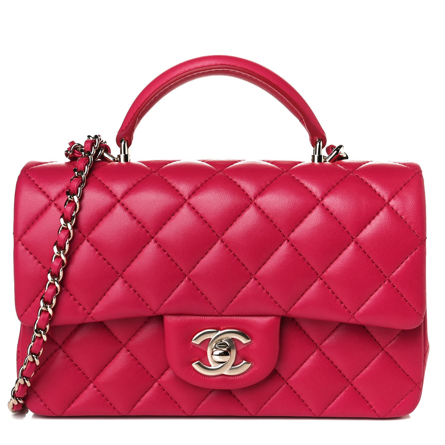 Chanel Lambskin Quilted Mini Top Handle Rectangular Flap Dark Pink 8 of 15