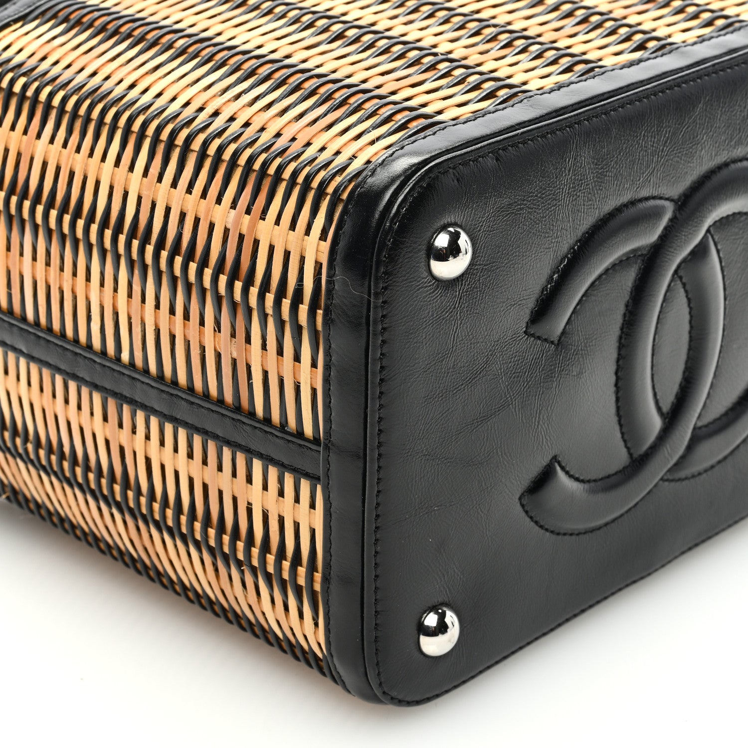 Chanel Glazed Calfskin Raffia Vanity Case Bag Black Beige 9 of 10