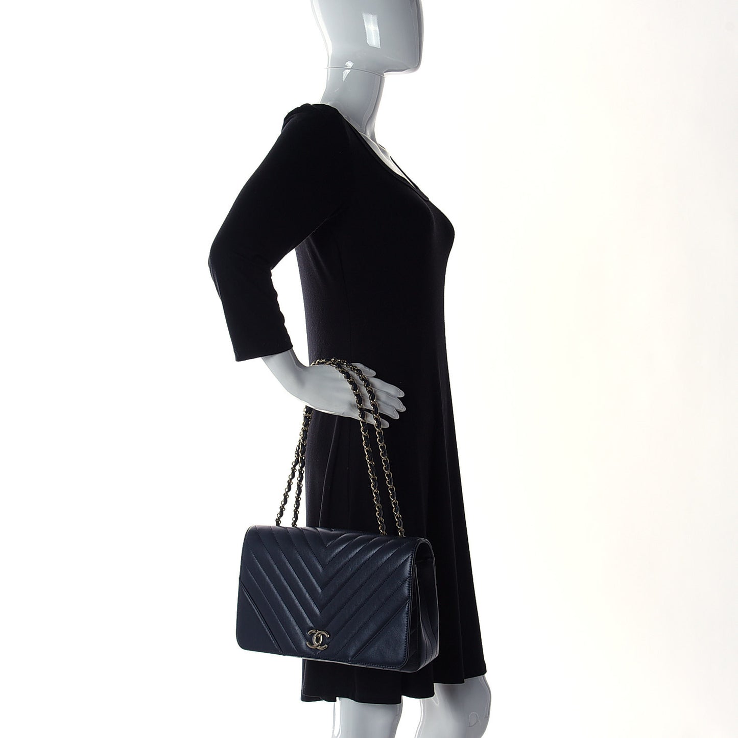 Calfskin Chevron Quilted Medium Statement Flap Navy Blue