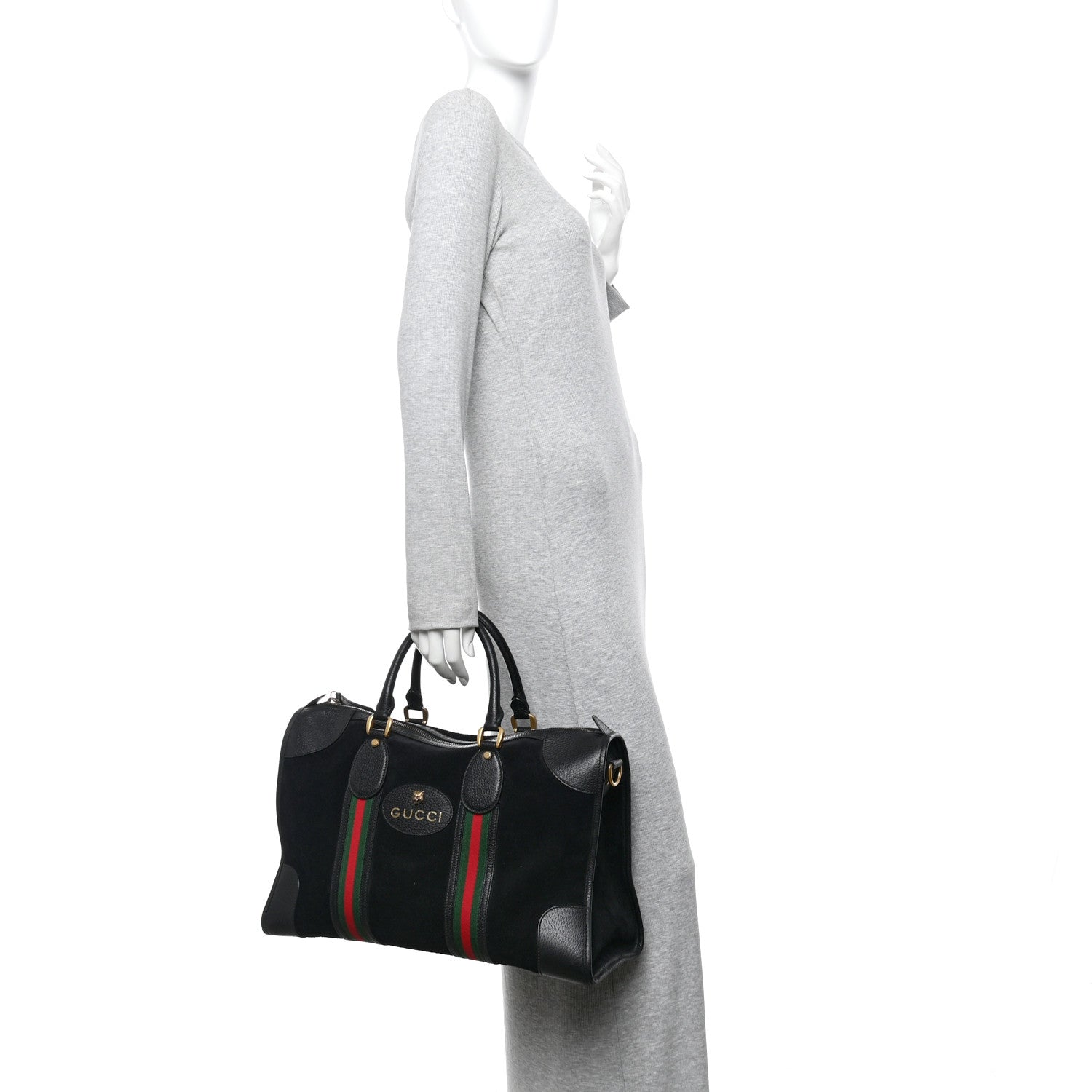 Gucci Suede Daino Textured Dollar Calfskin Web Medium Duffle Bag Black 2 of 10