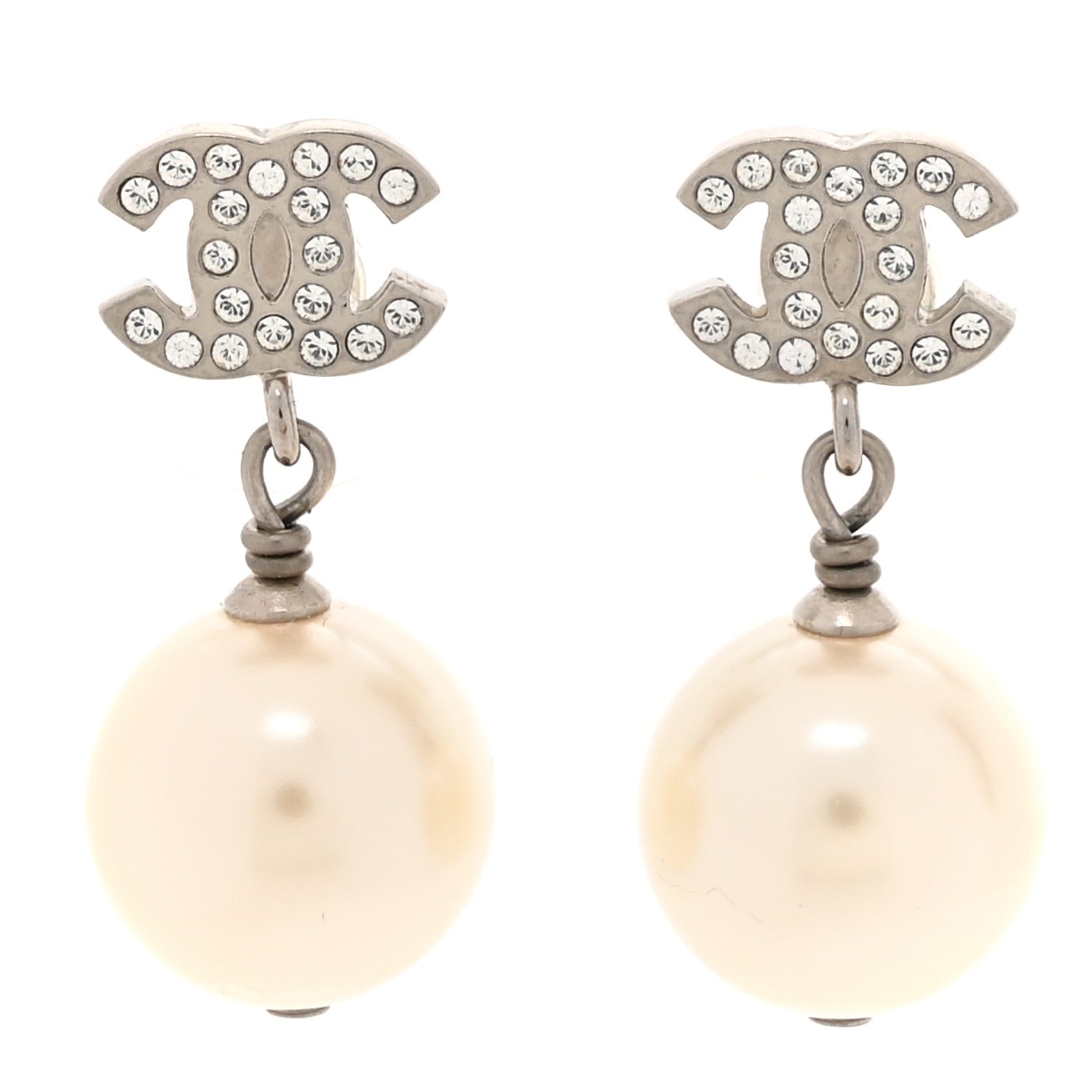 Chanel Crystal Pearl CC Drop Earrings Silver Pearly White 1 of 5