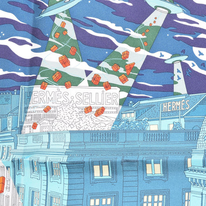 Hermes Silk Space Shopping Au Faubourg Pocket Square Bleu Orange Vert 5 of 6