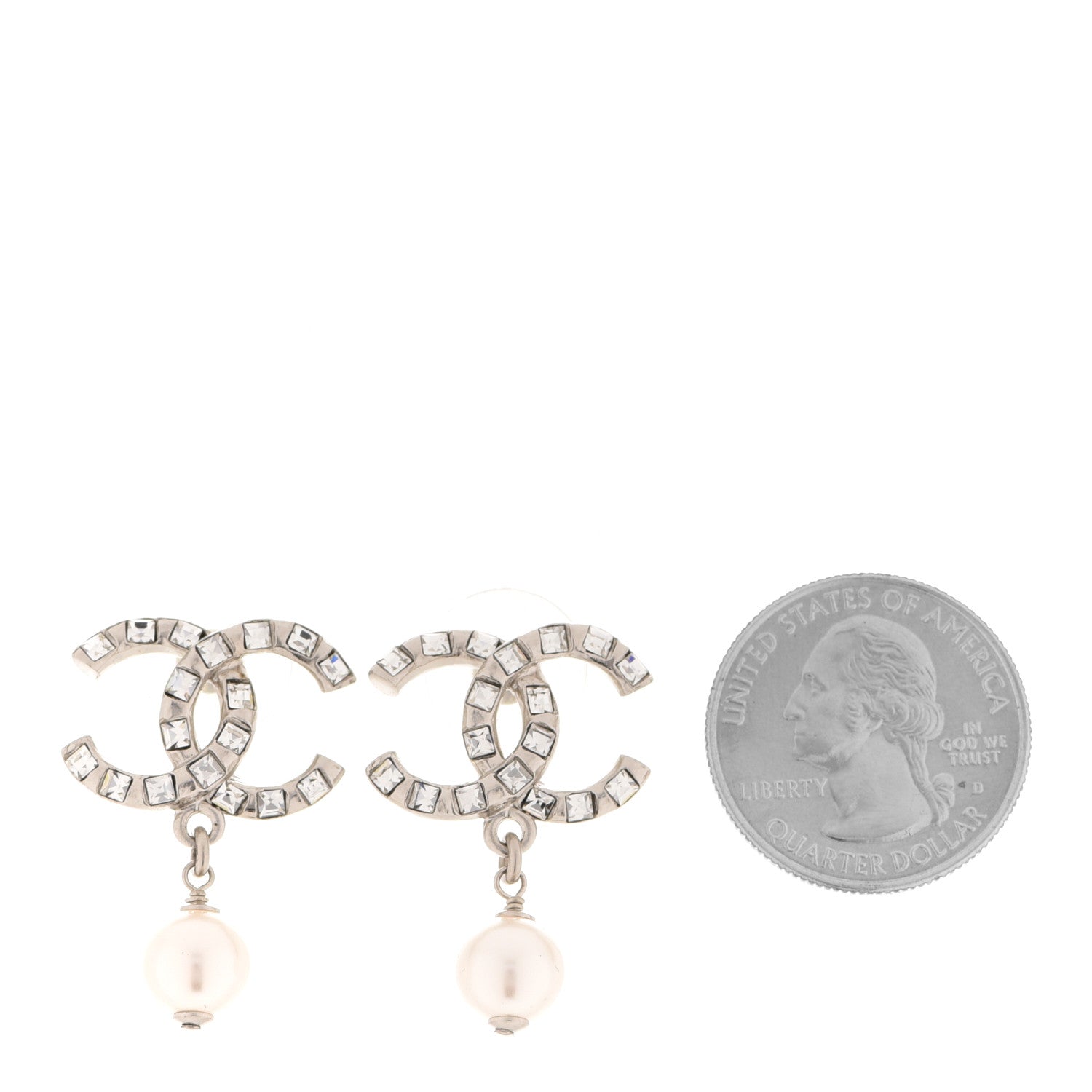 Chanel Crystal Baguette Pearl CC Drop Earrings Silver 2 of 5