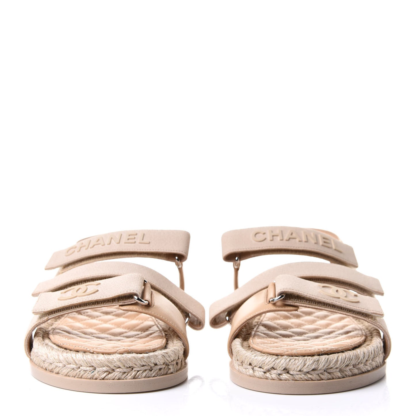 Stretch Fabric Lambskin CC Flat Sandals 38 Beige