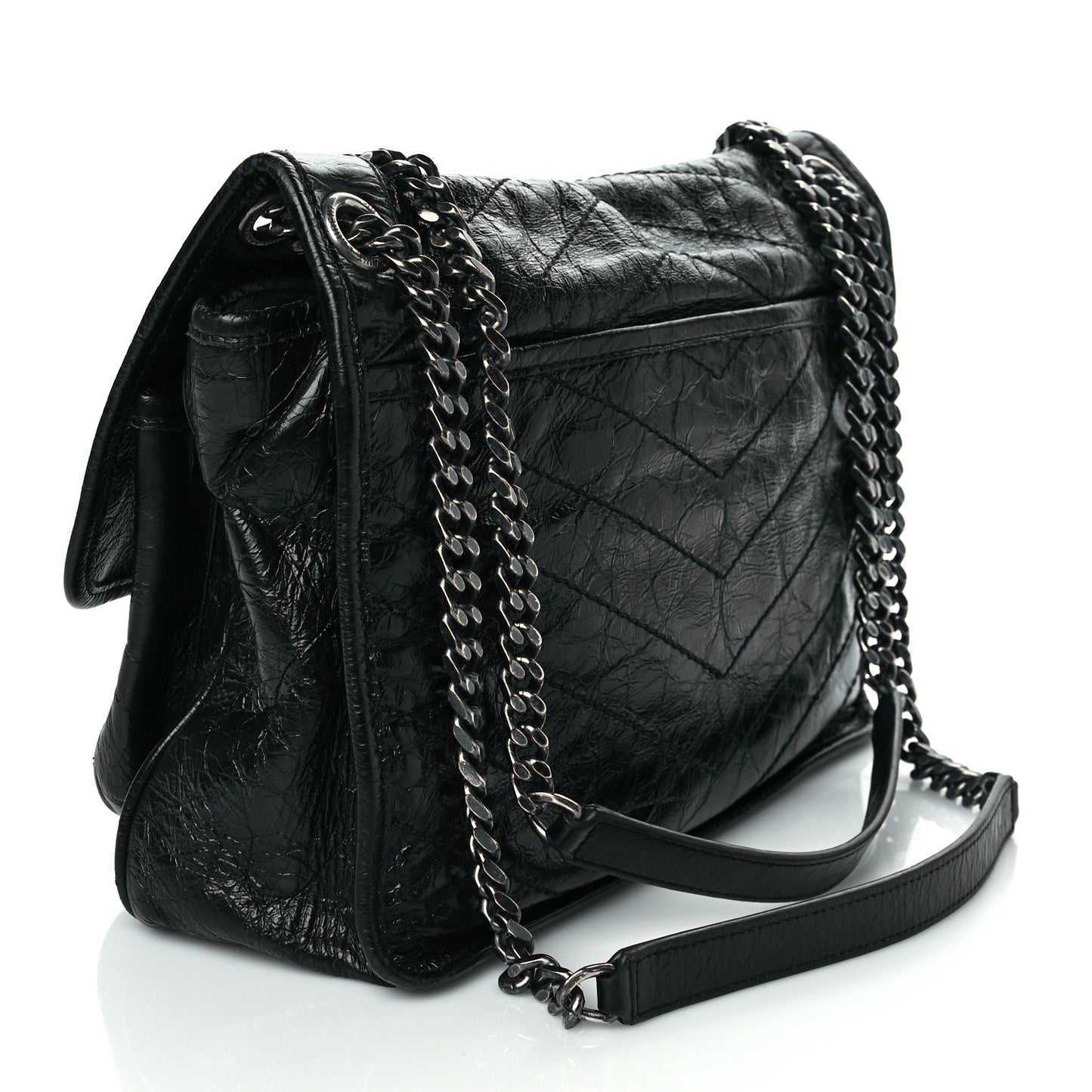 Crinkled Calfskin Matelasse Monogram Medium Niki Chain Satchel Black