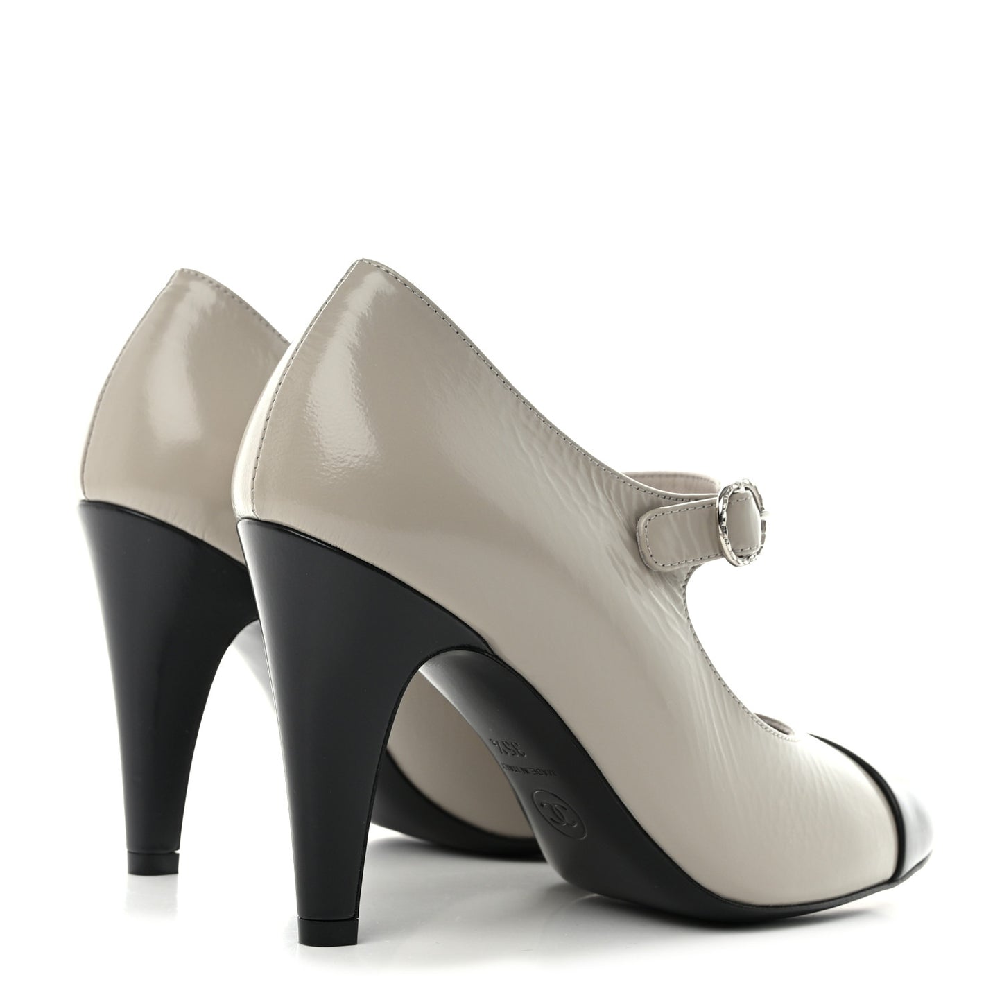 Shiny Goatskin Cap Toe Mary Jane Pumps 35.5 Grey Dark Grey