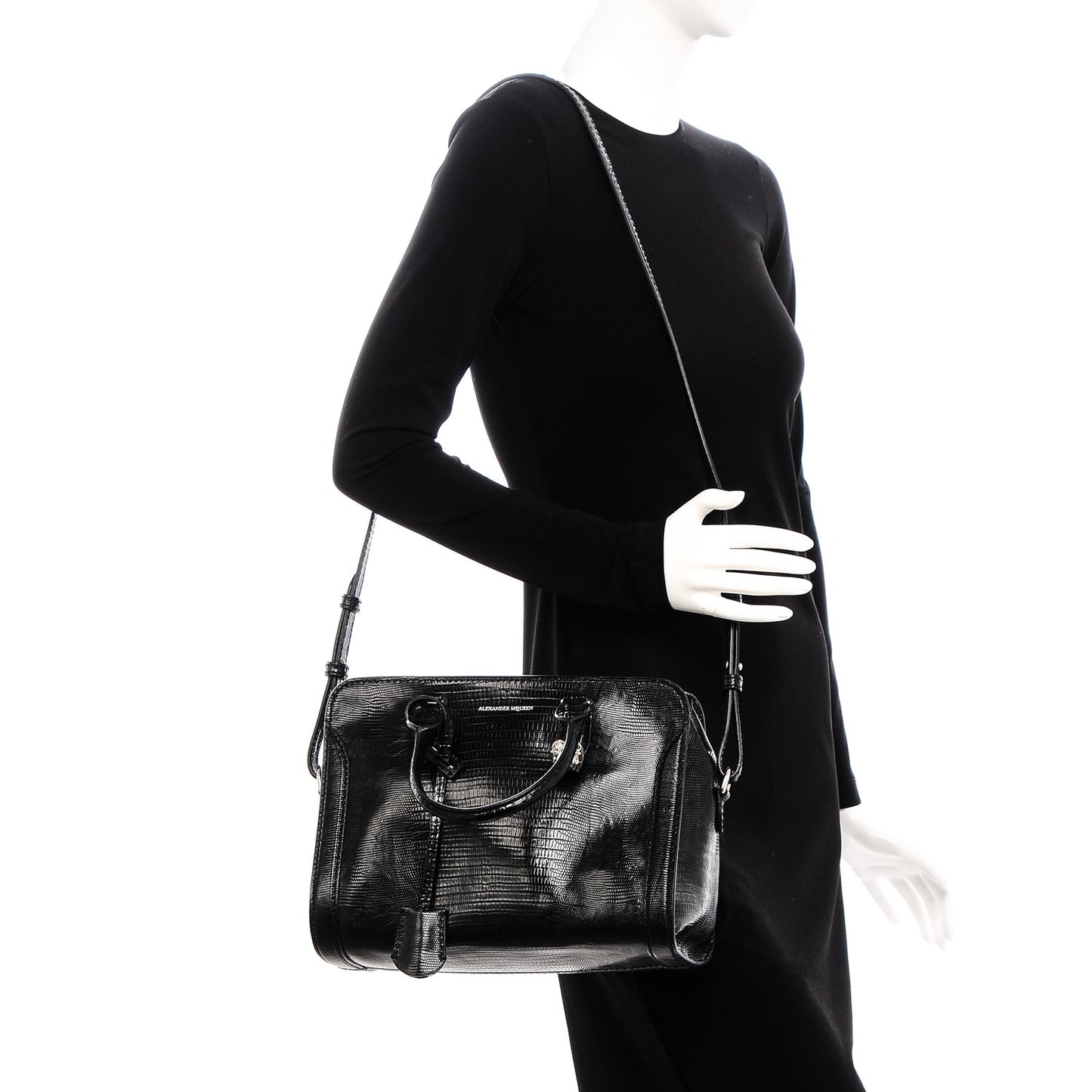 Calfskin Lizard Embossed Small Skull Padlock Zip Around Tote Black