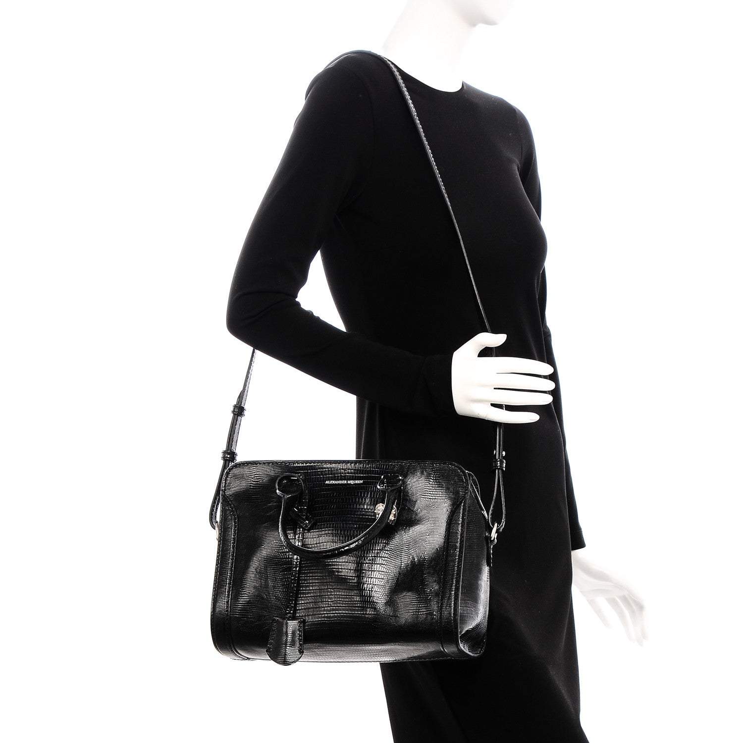 Alexander McQueen Calfskin Lizard Embossed Small Skull Padlock Zip Around Tote Black 2 of 7