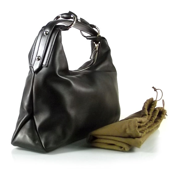 Leather Medium Horsebit Chain Hobo Black