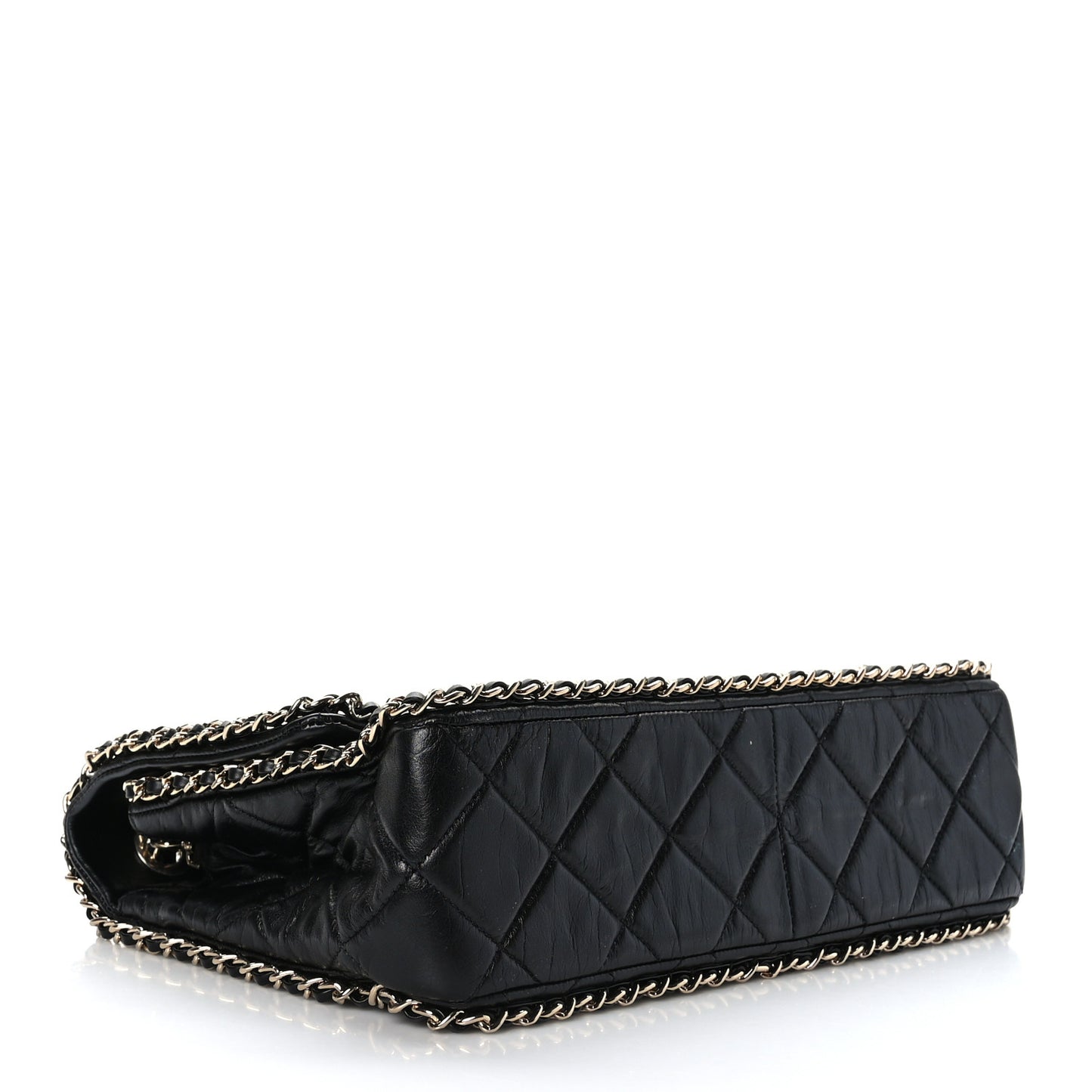 Crumpled Calfskin Quilted Large Chain All Over Flap Bag Black