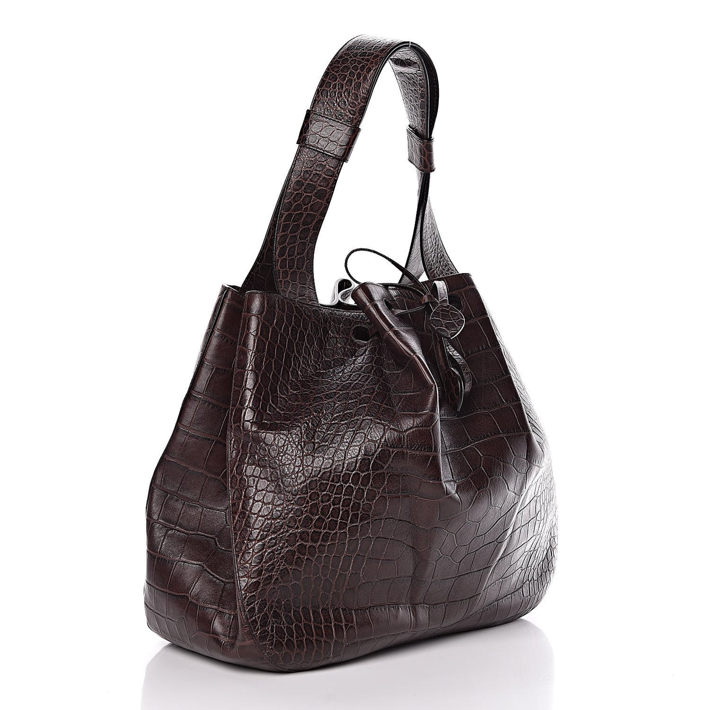 Calfskin Crocodile Embossed Bucket Bag Brown