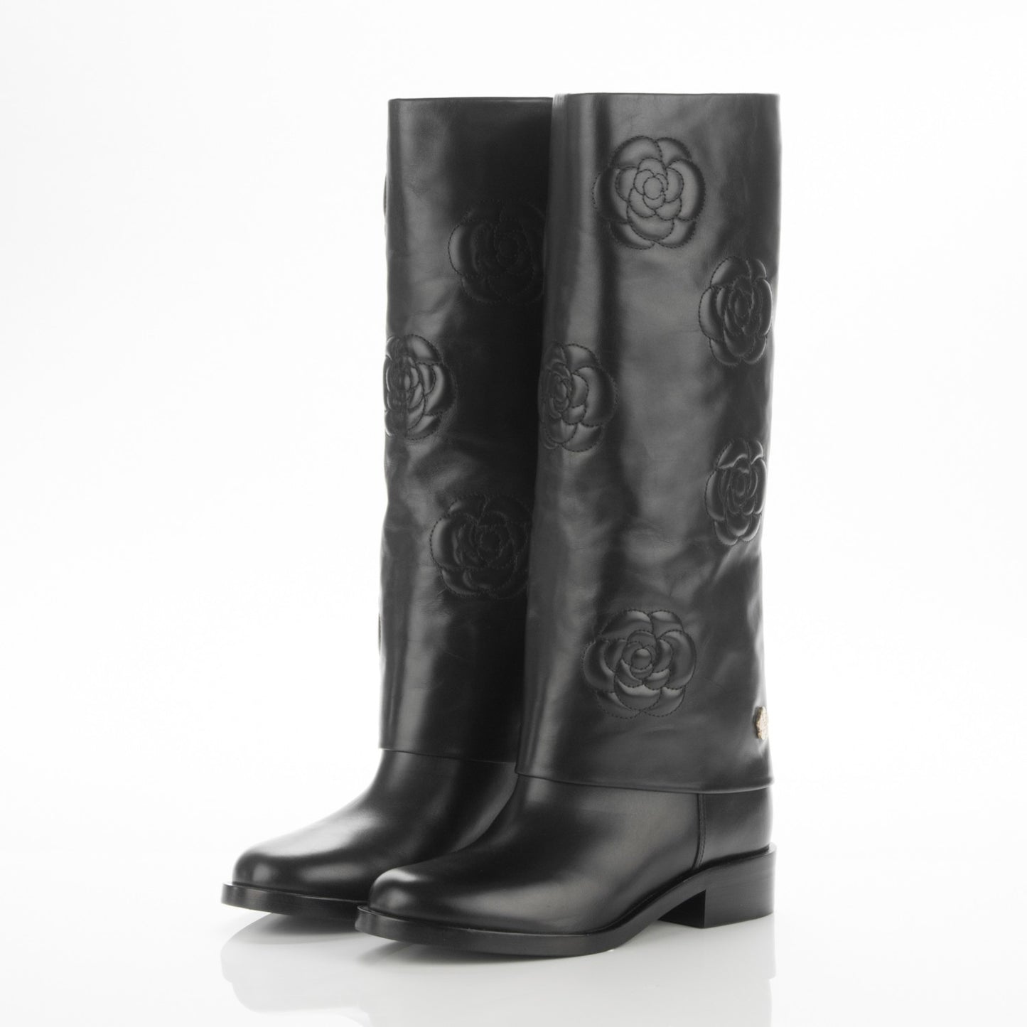 Calfskin Camellia High Boots 41.5 Black